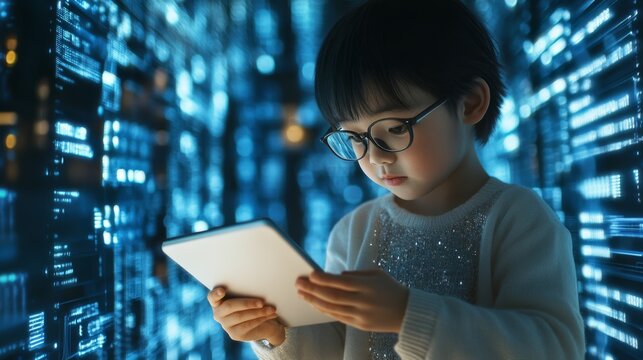 Child acting as a data analyst, holding a tablet, reviewing big data in a modern tech office.