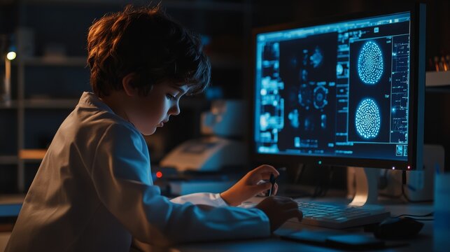 Child acting as a forensic pathologist, examining fingerprints on a computer screen in a dark lab.