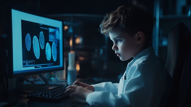 Child acting as a forensic pathologist, examining fingerprints on a computer screen in a dark lab.