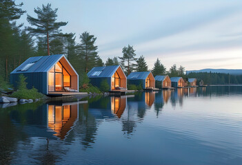 Fototapeta premium resort village with cozy small modern houses by the lake, camping in nature, tourism