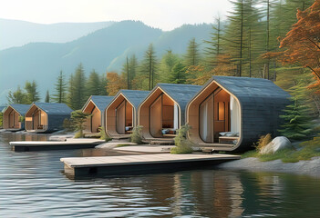 resort village with cozy small modern houses by the lake, camping in nature, tourism