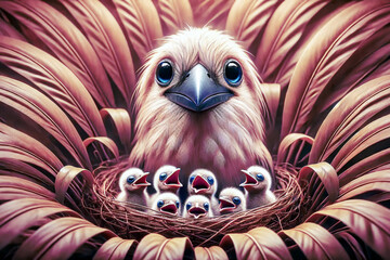 Obraz premium A mother bird with wide, expressive eyes sits protectively in a nest with six chirping hatchlings. The nest is surrounded by soft feathers in warm tones, creating a cozy and nurturing atmosphere.