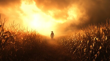 Fototapeta premium A foreboding twilight cornfield scene, where the last rays of sunlight cast eerie shadows across the field, with the scarecrow standing ominously in the distance.