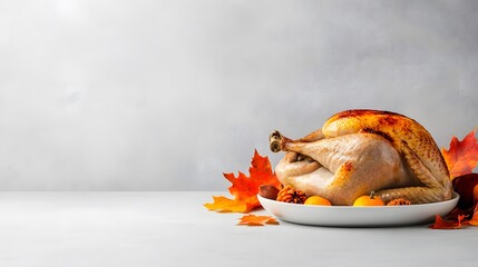 A roasted turkey is on a black plate with a fork and knife. The plate is surrounded by fall foliage, including leaves, berries, and nuts. Concept of warmth and comfort