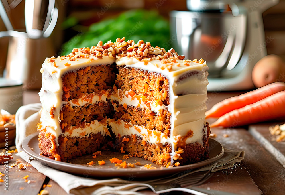 Wall mural homemade carrot cake on a rustic kitchen countertop, covered in a thick layer of cream cheese frosti