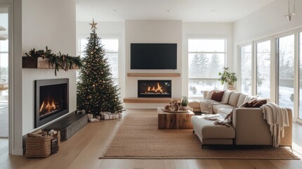 A minimalist family Christmas gathering in a modern home with simple, elegant decorations and a focus on togetherness around the tree.