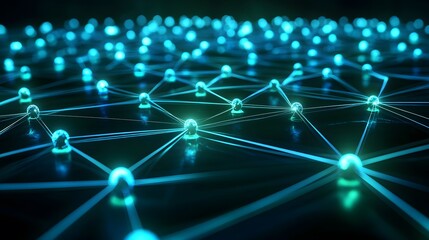 A close-up view of glowing blue network nodes connected by lines, representing digital connectivity, technology, and data flow.