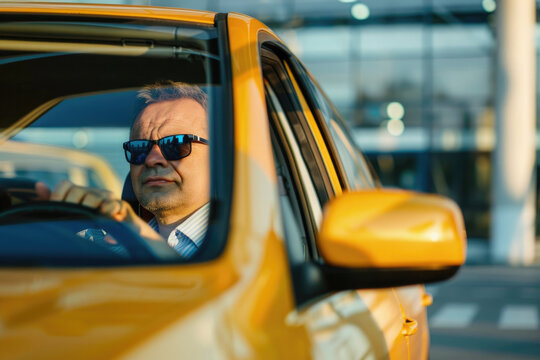 A middle-aged man in sunglasses driving a yellow taxi.