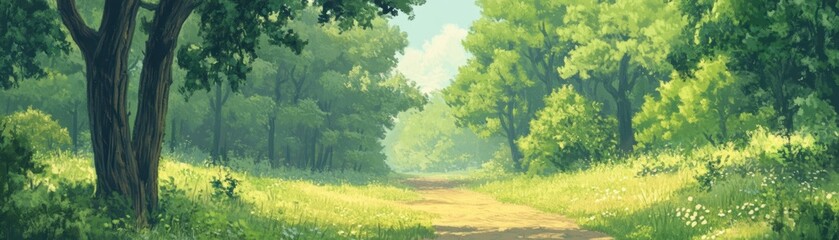 Obraz premium A serene forest path surrounded by lush greenery and vibrant foliage, ideal for nature lovers and peaceful strolls.