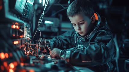 Portrait of child acting as a space engineer, working on satellite systems in a futuristic lab, holding tools and components.