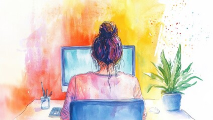 A watercolor illustration of an individual sitting at their desk, engrossed in working on a computer with a colorful abstract background Generative AI