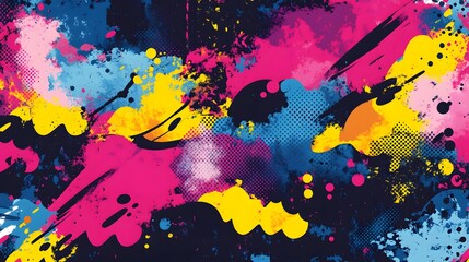 Abstract graffiti featuring vibrant splashes of yellow, pink, blue, and black, blending bold brush strokes and splatter effects.