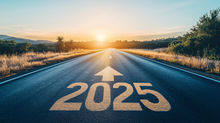 Road to 2025 with Empty Road and Yellow Painting 2025, Symbolizing Future Positivity and Success for the New Year