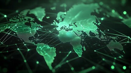 Obraz premium A glowing green digital world map connected by networks, symbolizing global communication, data sharing, and worldwide technological systems.
