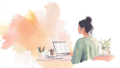woman sits at her desk, working on an online platform for selling art and digital illustrations She has dark hair in a messy bun and wears casual , including jeans or pants and a t-shirt Generative AI