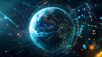 Obraz premium A view of Earth from space surrounded by glowing digital networks, symbolizing global connectivity, data flow, and advanced technology.