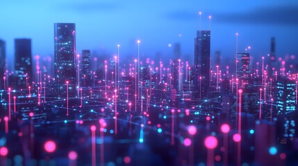A futuristic city skyline illuminated by glowing pink and blue network connections, showcasing digital communication and technology systems.