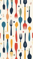 A stylish business card showcases a colorful pattern of cutlery icons arranged in a modern design