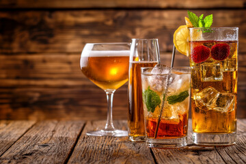 Selection of alcoholic drinks on rustic wood background.