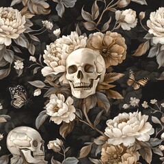 A delicate artistic illustration of a human skull surrounded by pastel-colored flowers and butterflies, representing beauty and transience.