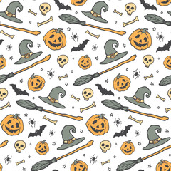 Halloween hand-drawn pattern with star, magic hat, broom, pumpkin, bones, skull. Vector stock illustration. Halloween party decoration.