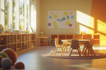 Empty kindergarten classroom interior bathed in morning sunlight