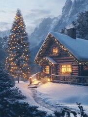 Fototapeta premium Weihnachtlich dekoriertes Haus in verschneiter Landschaft mit festlichen Lichterketten und Schnee auf dem Dach, Weihnachtsbaum im Garten, Weihnachtsstimmung, Berge und Schneelandschaft