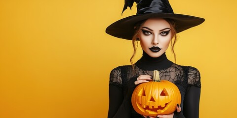 Fototapeta premium Portrait of woman at Halloween party as dead witch with funny and silly expression on her face. Young woman with bloody make-up holds glowing pumpkin covered with spider webs on orange background