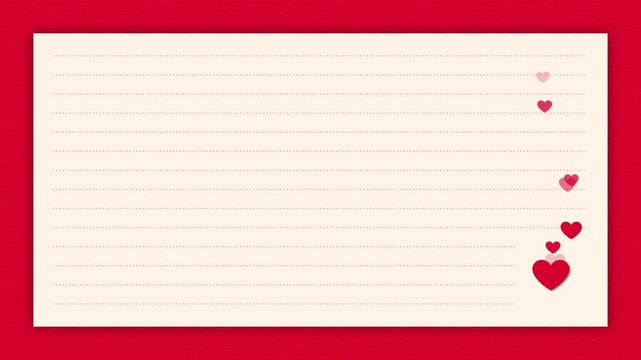 valentines day card paper with hearts flying, notebook sheet copy space , love and romantic motion design element