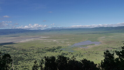 Fototapeta premium Magnifique paysage de Tanzanie, avec la savane qui s'étend à perte de vue. Et les montagnes en fond.
