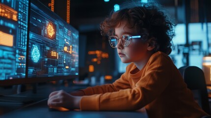 Portrait of child blockchain expert reviewing decentralized ledger technology, working in a futuristic tech office.