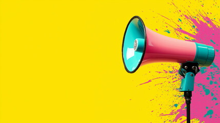 A pastel megaphone at the center of a vibrant, collage-style illustration, with splashes of neon green and blue paint on a bold yellow and coral pop-art backdrop.