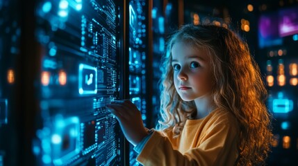 Portrait of child defending against cyber threats, standing by a server rack, with digital locks and security symbols in the background.