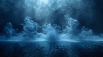 Abstract white smoke on a dark background, with blue water and a black wood floor. Abstract motion of a dancing figure. Vector illustration with a dynamic effect, like a photo or film. 