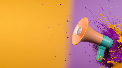 A megaphone in pastel shades of peach and mint, with splashes of bright paint flying off against a dynamic, vibrant backdrop in bold hues of purple and yellow.