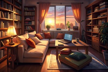 A lazy afternoon is spent reclining on a plush couch, surrounded by books, remote controls, and a computer keyboard, bathed in soft warm light.