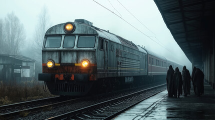 Obraz premium A foggy train station scene with an approaching vintage train and a group of hooded figures walking along the platform.