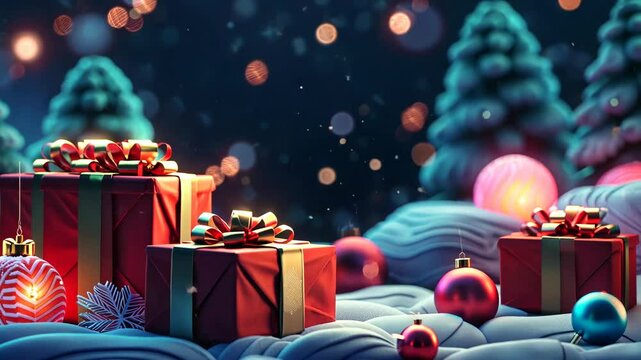 Celebrate the festive season with colorful gifts and twinkling lights in a winter wonderland