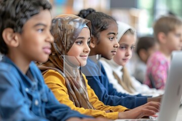 Fototapeta premium A group of children wearing hijabs are sitting in a classroom and using laptops, generative ai image