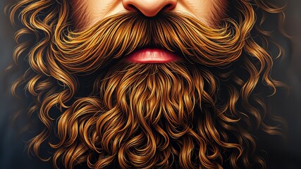 A lush, curly beard wraps around a prominent jawline, soft texture framing a strong facial structure, with hints