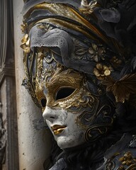 Ornate Venetian Mask with Gold and Lace Details - Close-Up