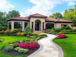 Front Yard of Modern Home in Lush Spring Landscape