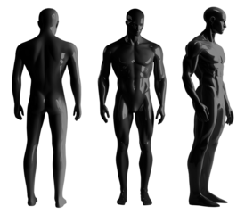 Set of black full body shiny glossy muscular male man mannequin dummy sculpture front back side view on transparent cutout, PNG file. Many different angle. Mockup template for artwork graphic design