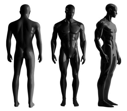Set of black full body shiny glossy muscular male man mannequin dummy sculpture front back side view on transparent cutout, PNG file. Many different angle. Mockup template for artwork graphic design