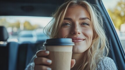 Smiling woman enjoying coffee inside a parked car on a sunny day