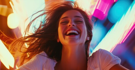 Naklejka premium Joyful woman laughing in colorful night light trails