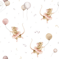 Seamless pattern with hand drawn watercolor illustration mouses ballerina in a pink tutu and balloons. Beige cute animals dancing ballet pose and flying confetti. Repeat wallpaper for Birthday design. © Ekatmart