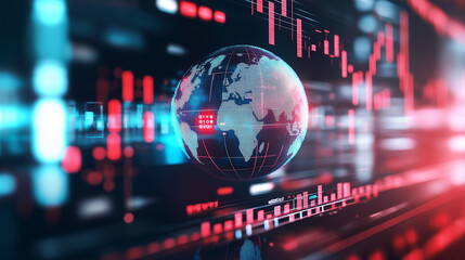 Obraz premium A luminous globe floats above shimmering coins, with digital financial data and global exchange symbols encircling it, reflecting international investment.