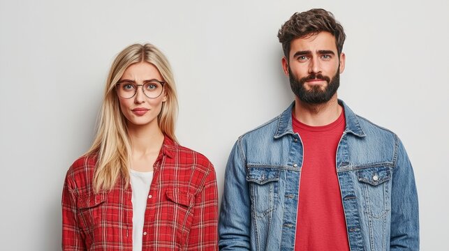 A Discreet Distance A woman in a red plaid shirt and a man in a denim jacket stand sidebyside their expressions hinting at an unspoken tension