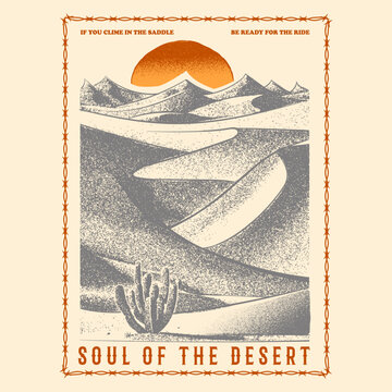 Summer Desert vector t shirt print design. vintage  texture with retro color mood. sunset in the desert  art illustration. men's, women's, baby, kids fashion print. cow boy, cow girl, 